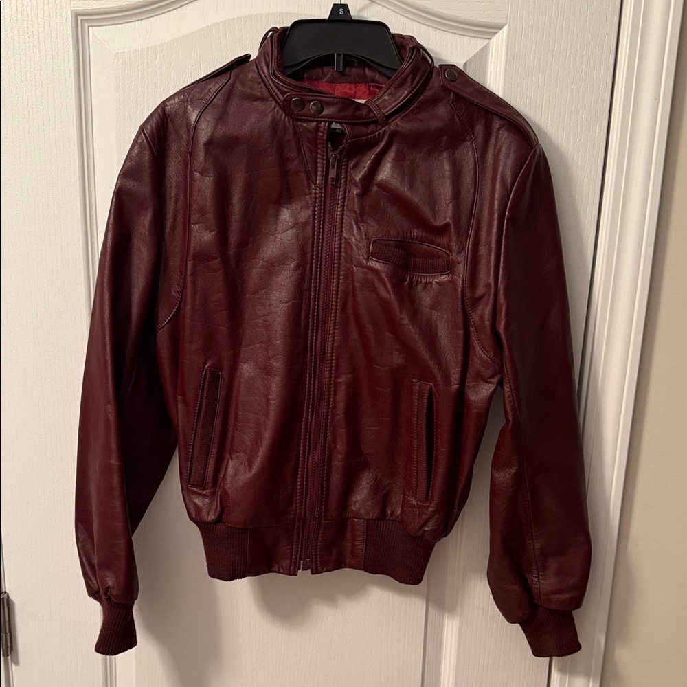 Men's Burgundy Leather Bomber Jacket with Snap Neck